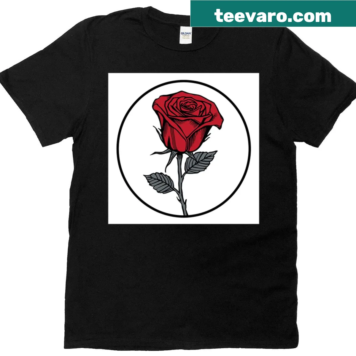 Bold red rose circle art t-shirt — on a men's t-shirt