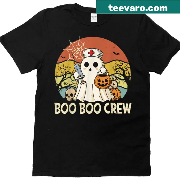 Funny ghost graphic T-shirt for women nurses celebrating Halloween.
