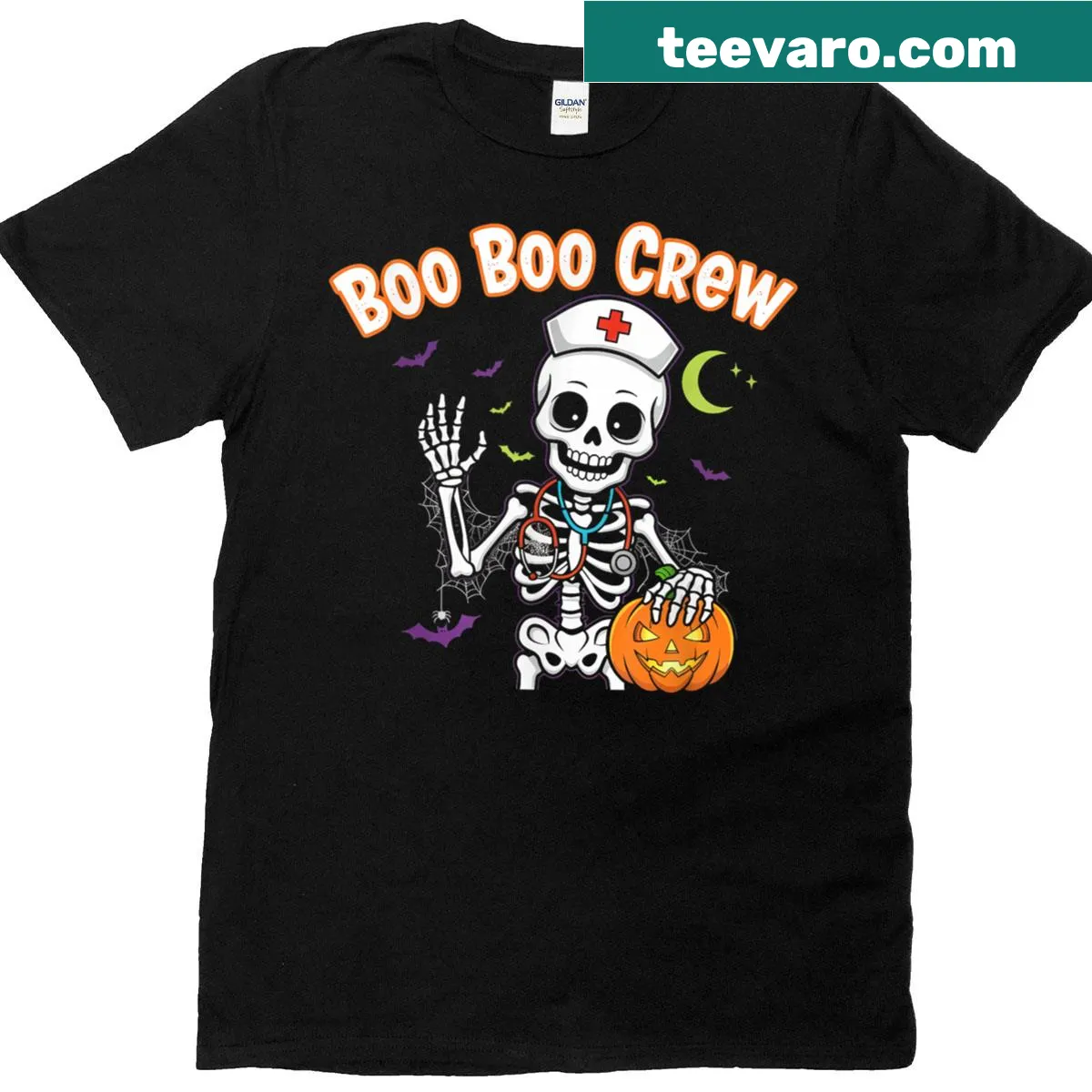 Funny skeleton nurse graphic on a Halloween T-shirt for nurses. — on a men's t-shirt