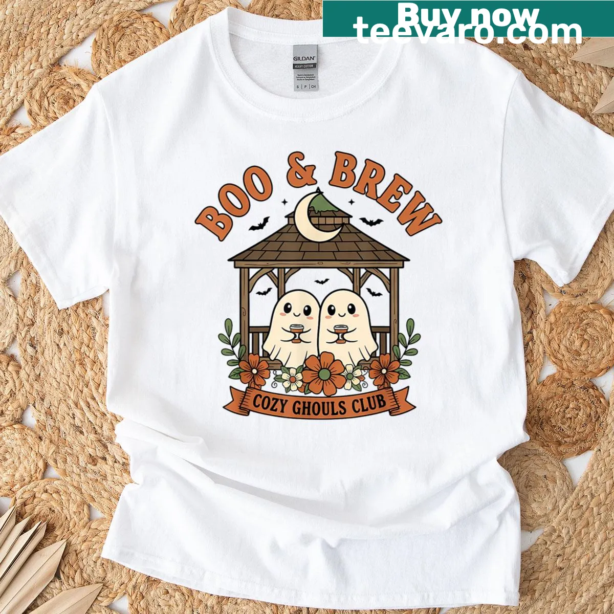 Cute ghost coffee graphic T-shirt for Halloween — on a men's t-shirt