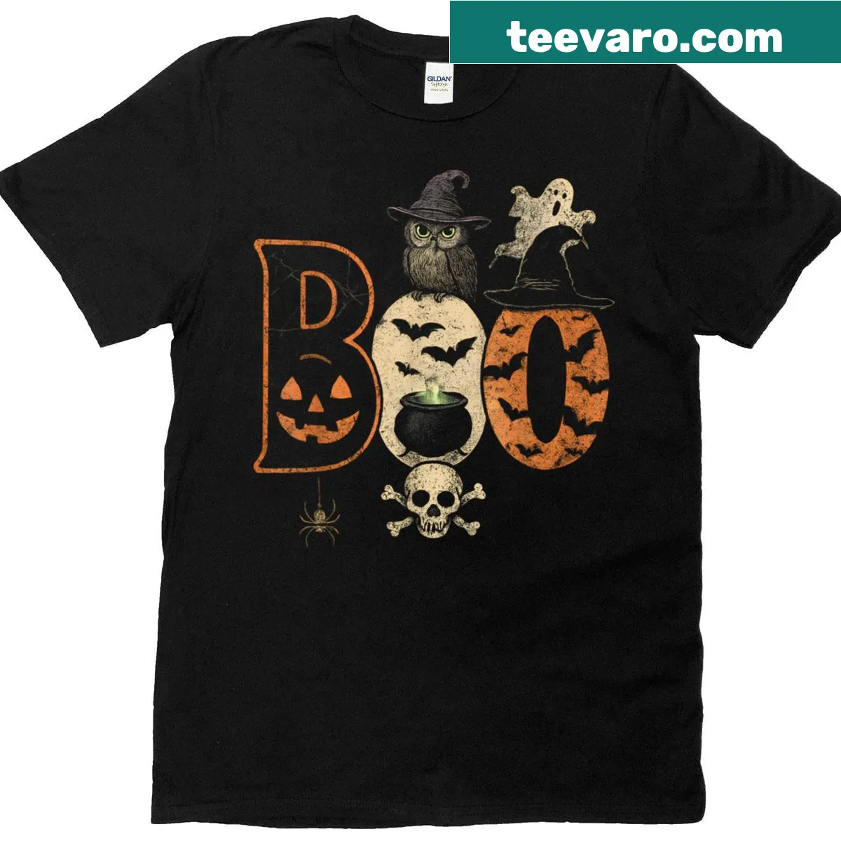 Creepy owl and pumpkin graphic with ghosts for Halloween t-shirt — on a men's t-shirt