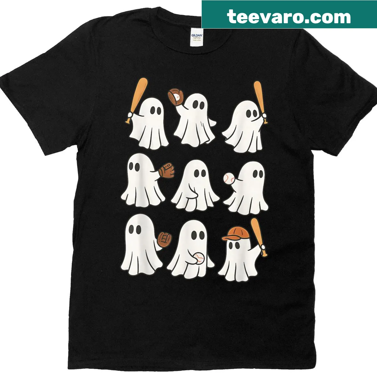 Friendly ghost with baseball design on a Halloween t-shirt — on a men's t-shirt