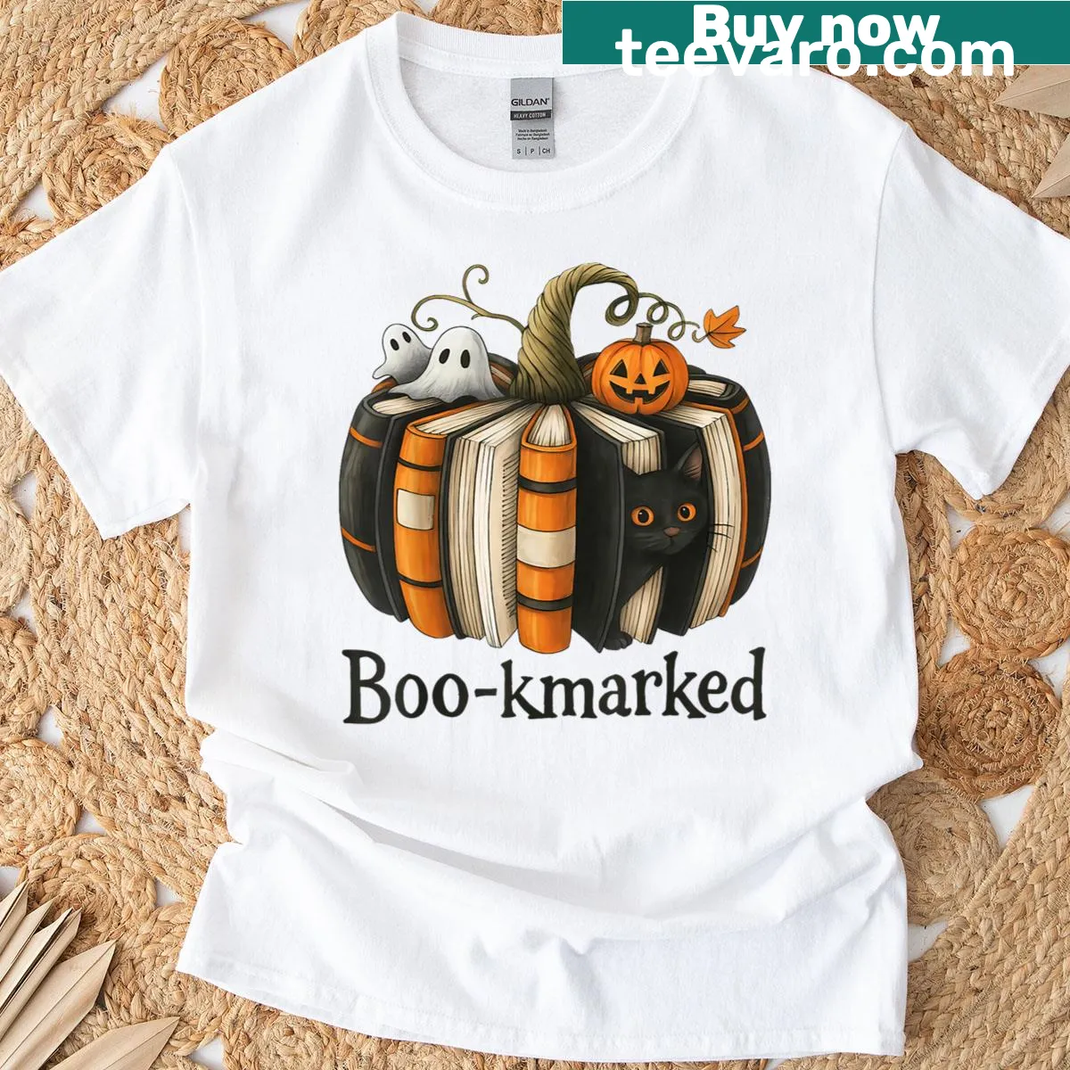 Cute Halloween t-shirt featuring a ghost cat and pumpkins — on a men's t-shirt