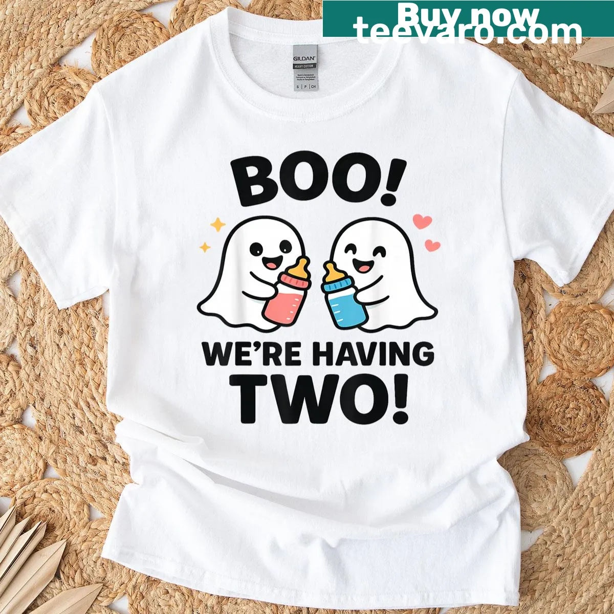 Cute Halloween twin pregnancy T-shirt with ghost illustrations. — on a men's t-shirt