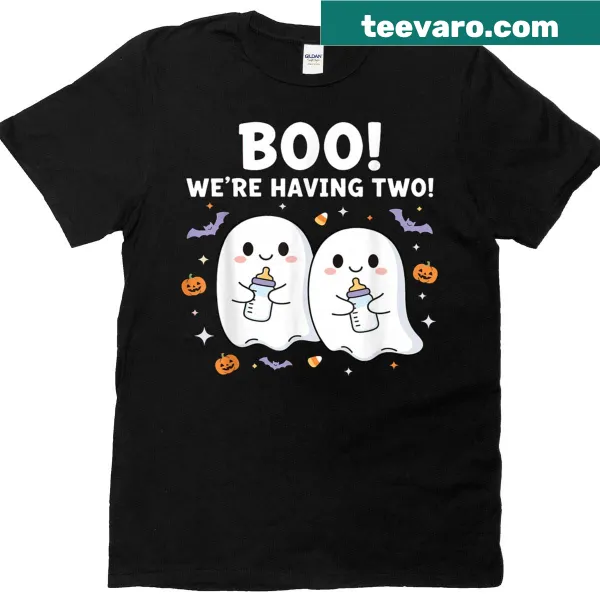 Funny Halloween pregnancy T-shirt with ghost twins graphic