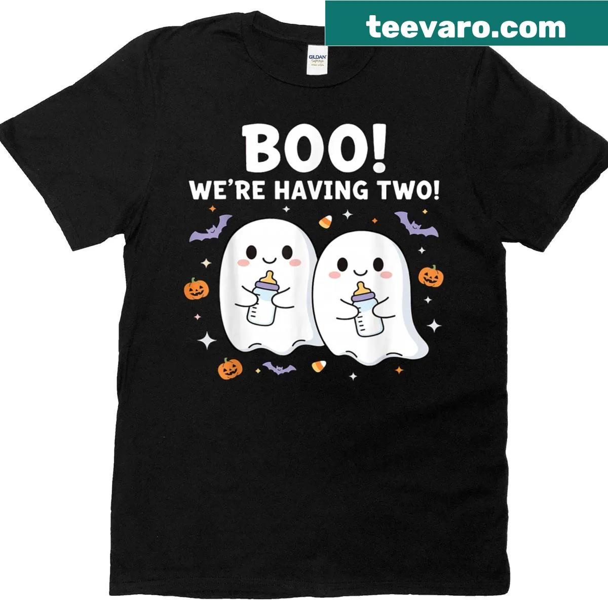 Funny Halloween pregnancy T-shirt with ghost twins graphic — on a men's t-shirt