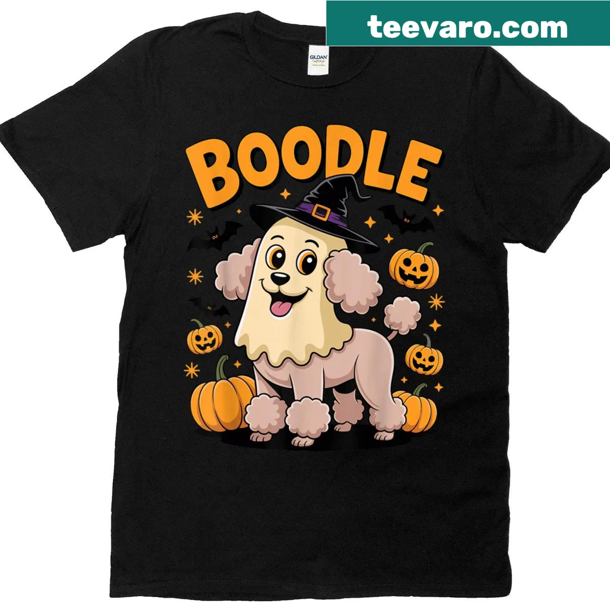 Funny Halloween T-shirt with spooky witch dog poodle design — on a men's t-shirt