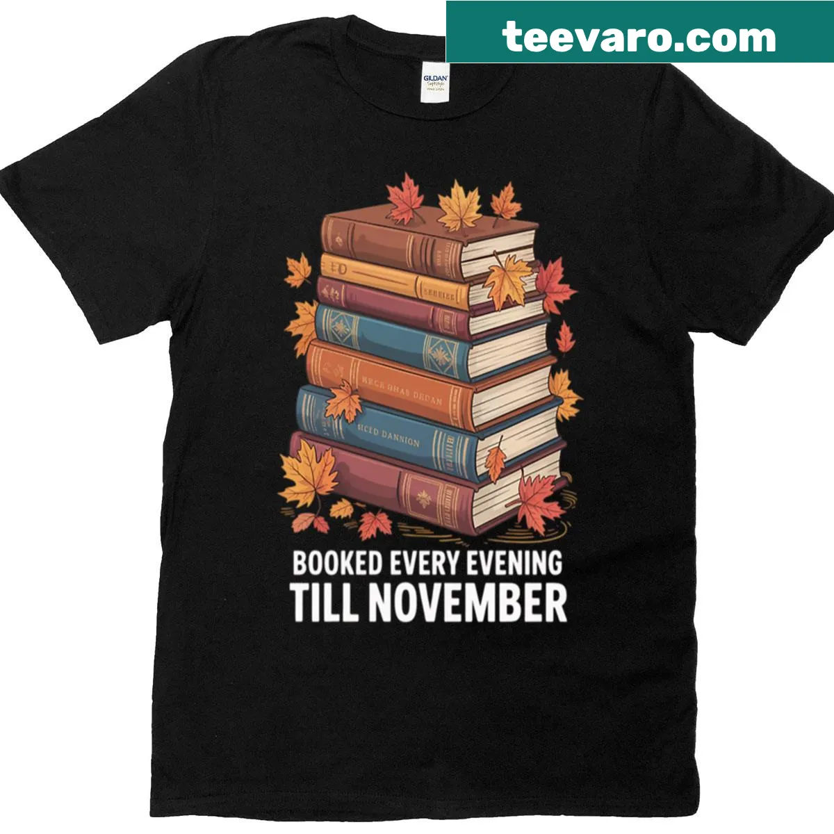 Autumn-themed T-shirt for book lovers with book graphics — on a men's t-shirt