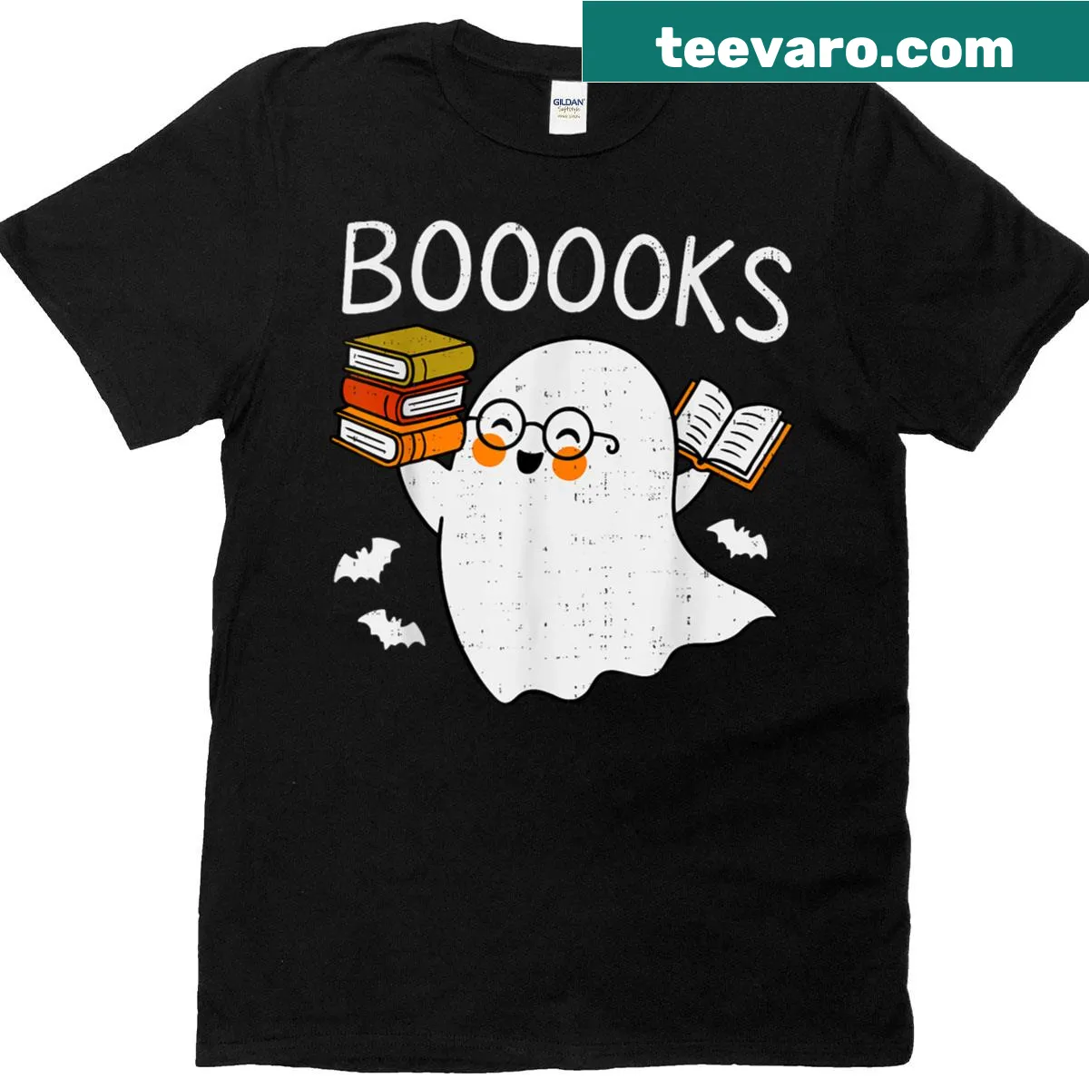 Ghost reading surrounded by books Halloween t-shirt — on a men's t-shirt