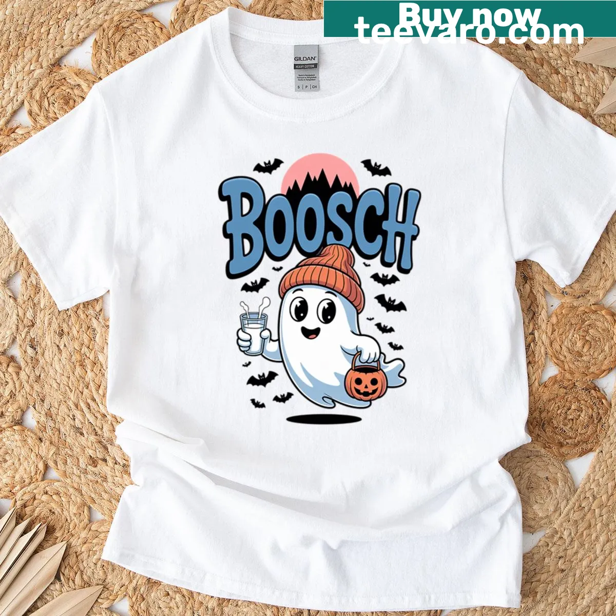 Cartoon ghost wearing a beanie and holding a drink T-shirt. — on a men's t-shirt