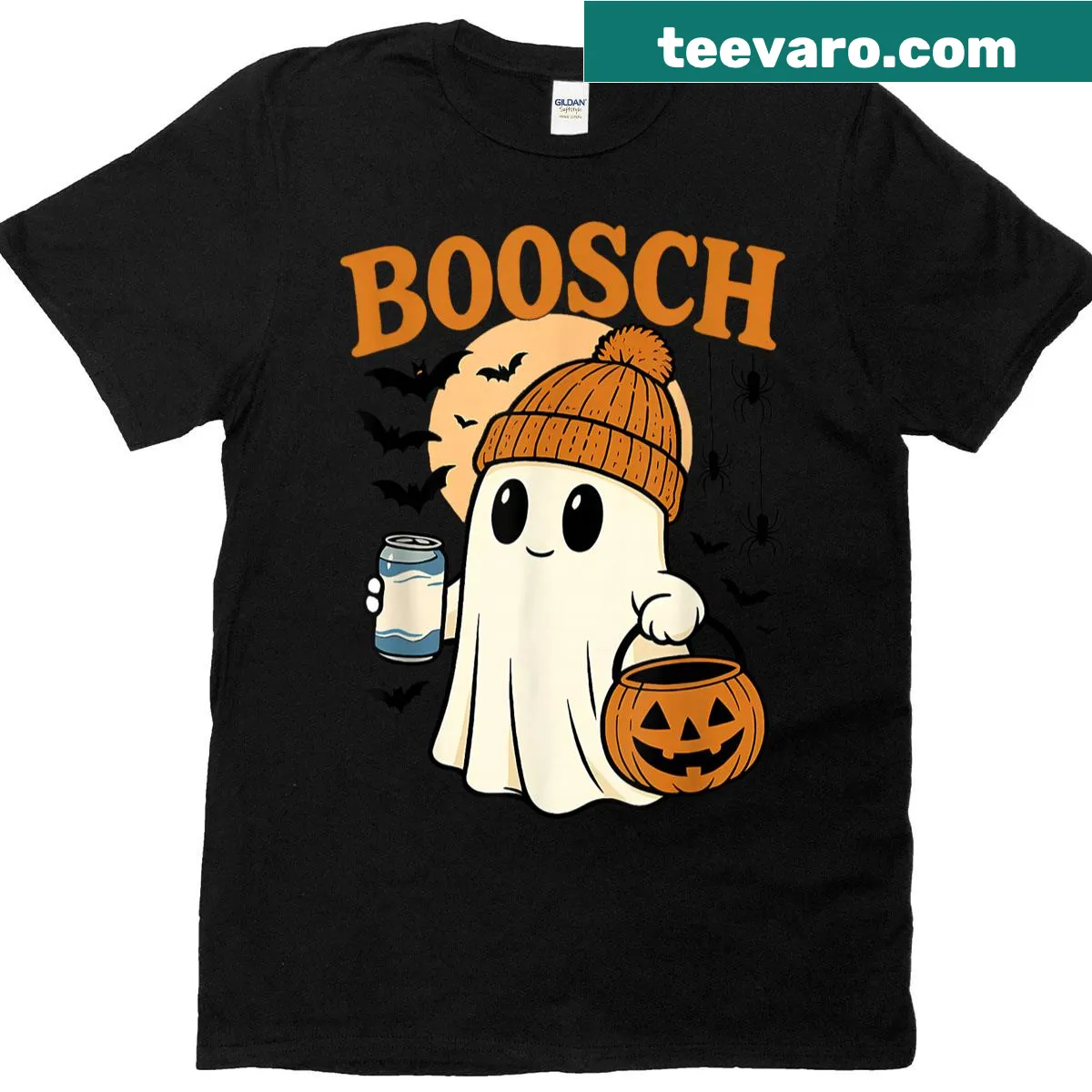 Funny Halloween t-shirt with ghost, pumpkin, and beer theme — on a men's t-shirt