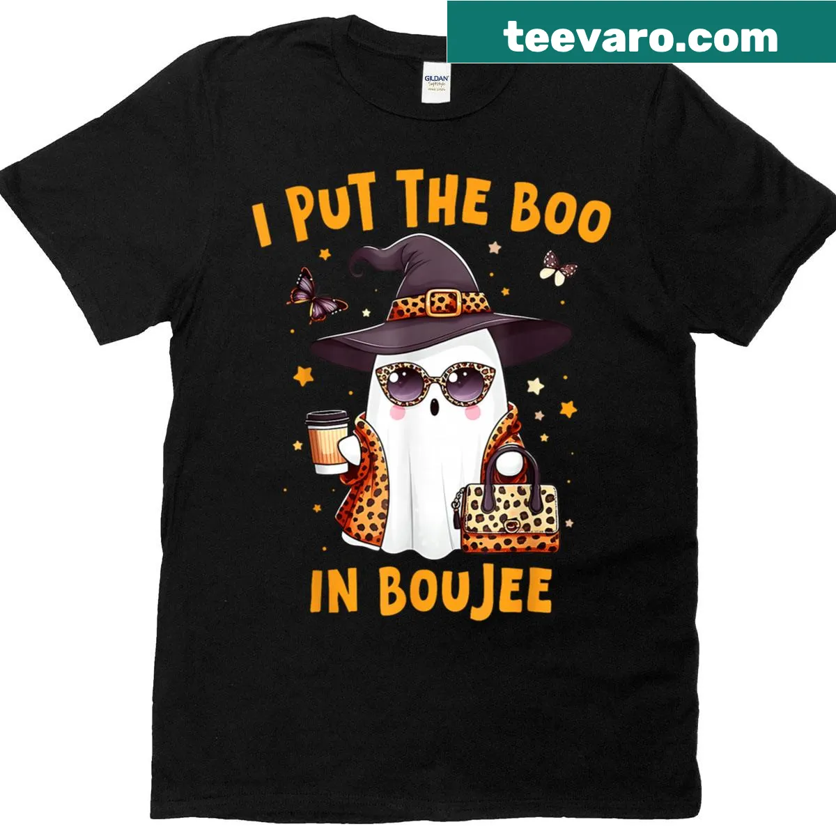 Playful Halloween T-shirt with ghost and pumpkin graphic — on a men's t-shirt