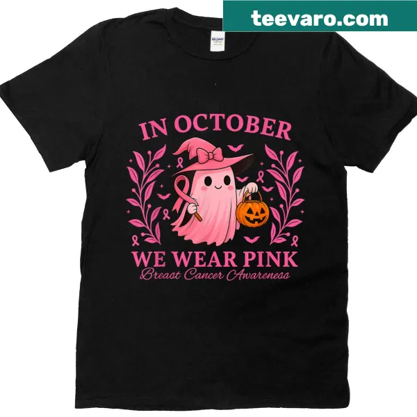 Halloween-themed T-shirt for breast cancer awareness with the phrase In October We Wear Pink.