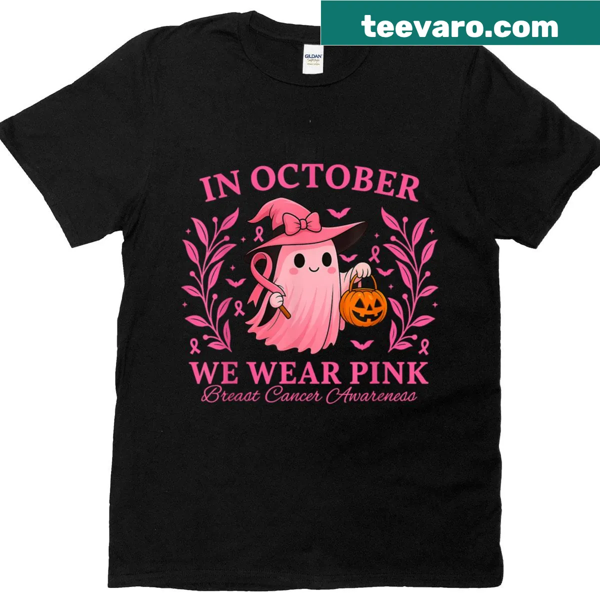 Halloween-themed T-shirt for breast cancer awareness with the phrase In October We Wear Pink. — on a men's t-shirt