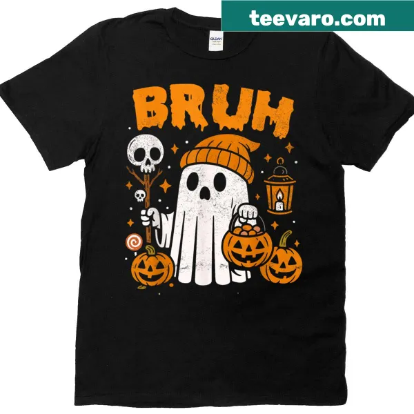 Cartoon ghost design with the words Bruh Ghost for kids' Halloween.
