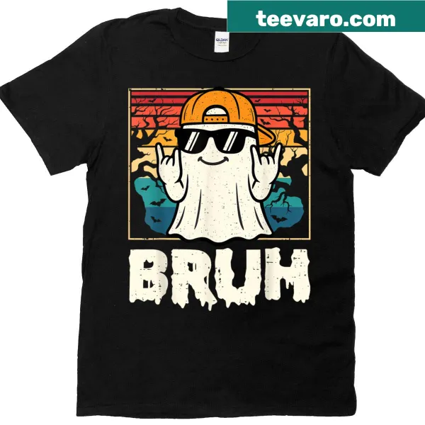 Funny retro Halloween T-shirt with a ghost graphic and 'Bruh' text