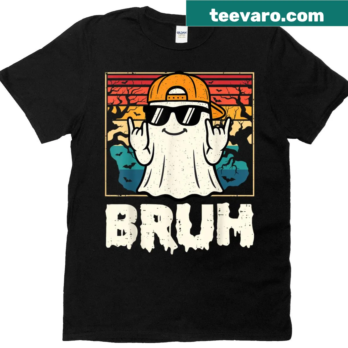Funny retro Halloween T-shirt with a ghost graphic and 'Bruh' text — on a men's t-shirt