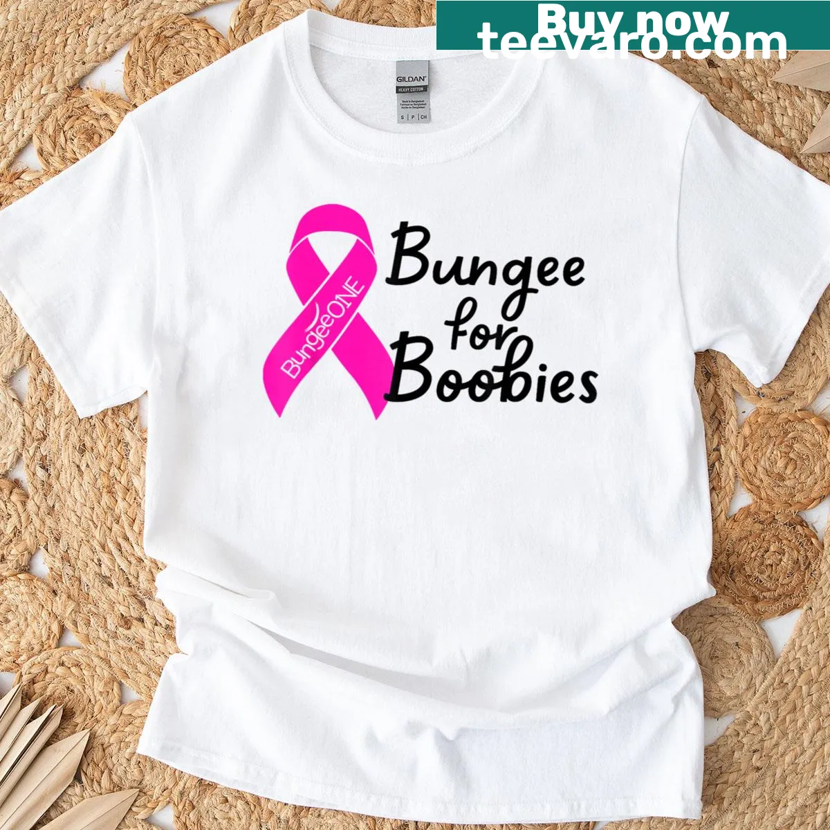 Illustrated bungee cord design promoting breast cancer awareness — on a men's t-shirt
