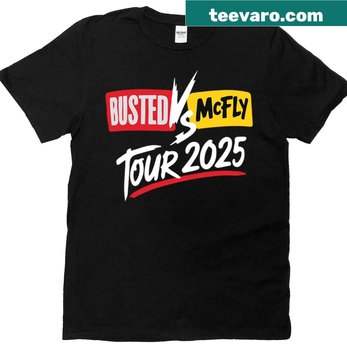 Humorous Busted Vs Mcfly tour graphic t-shirt — on a men's t-shirt