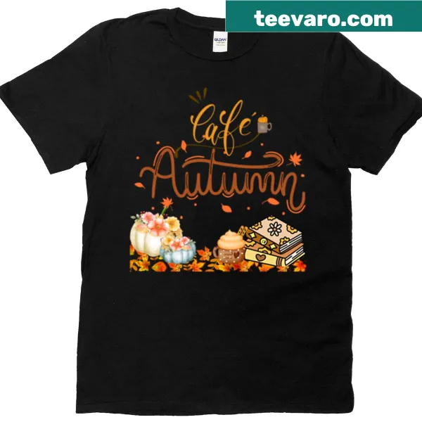 Illustration of a cozy cafe scene with autumn vibes on a t-shirt