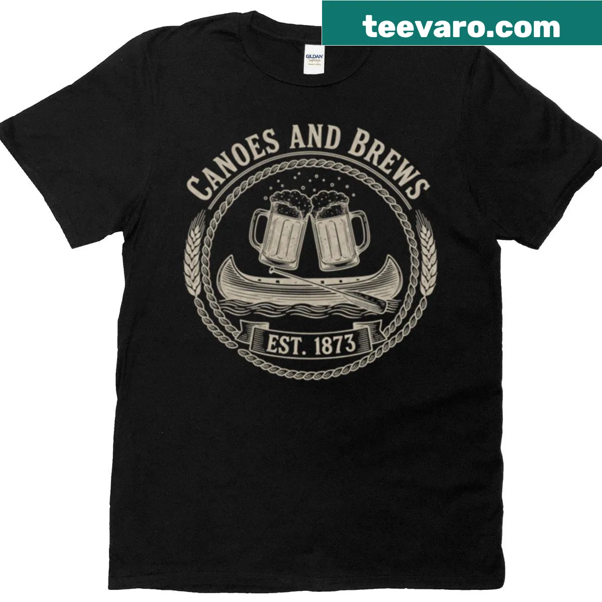Fun t-shirt featuring canoes and beer illustration — on a men's t-shirt