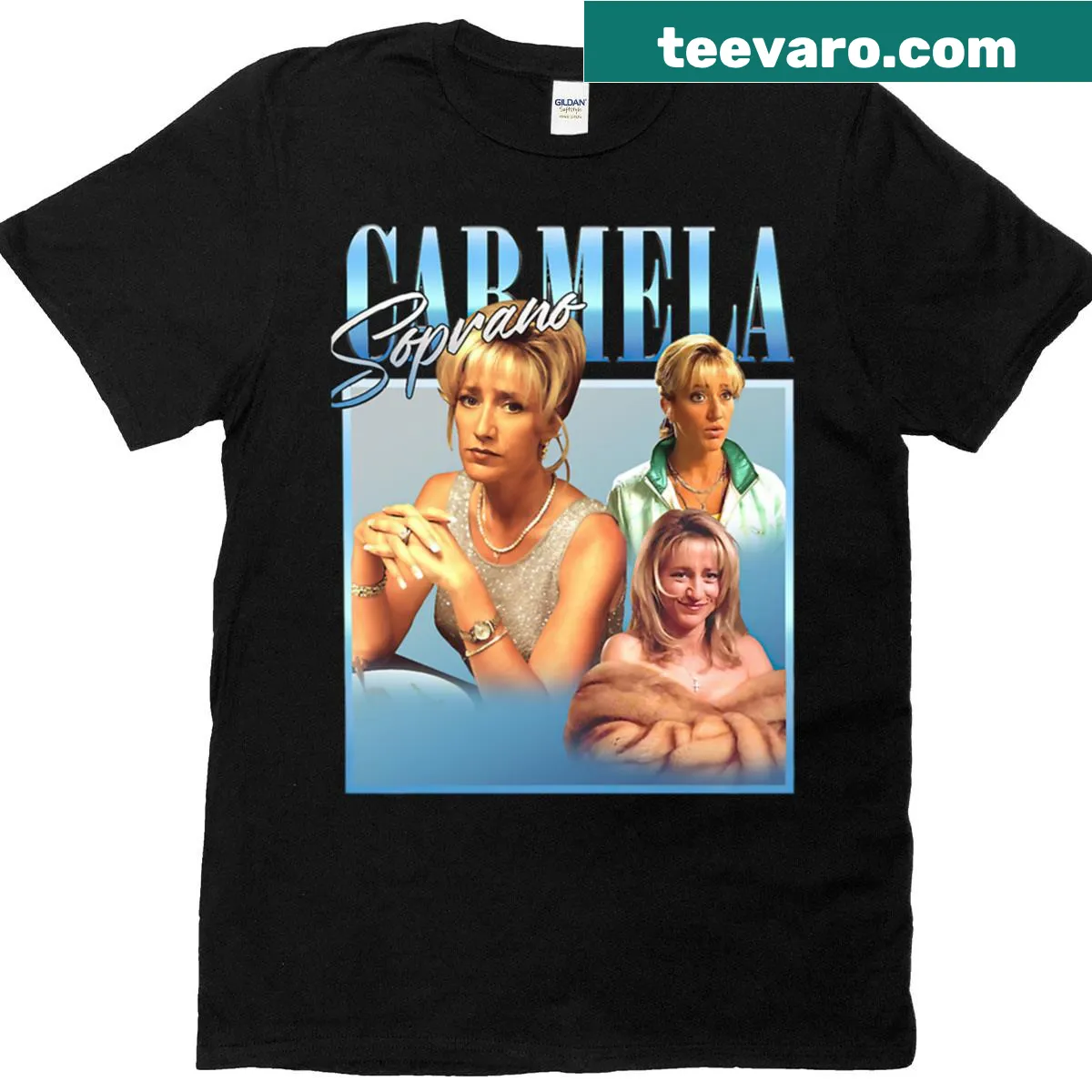 Artistic design inspired by Carmela Soprano on the t-shirt. — on a men's t-shirt
