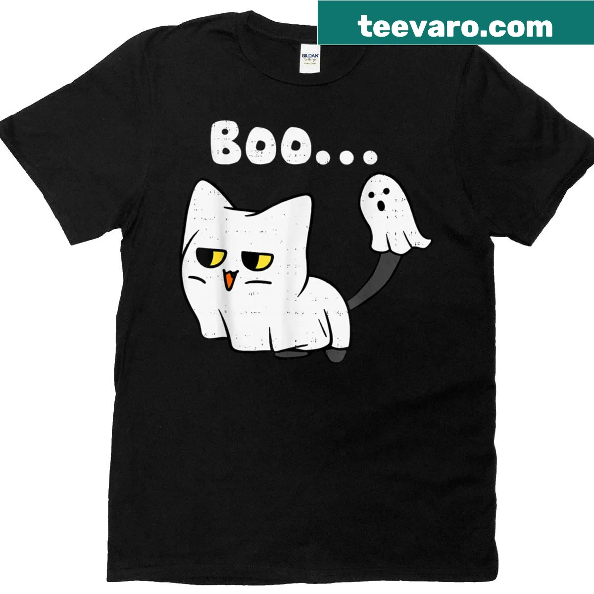 Cute cat with ghost graphic for Halloween-themed t-shirt — on a men's t-shirt