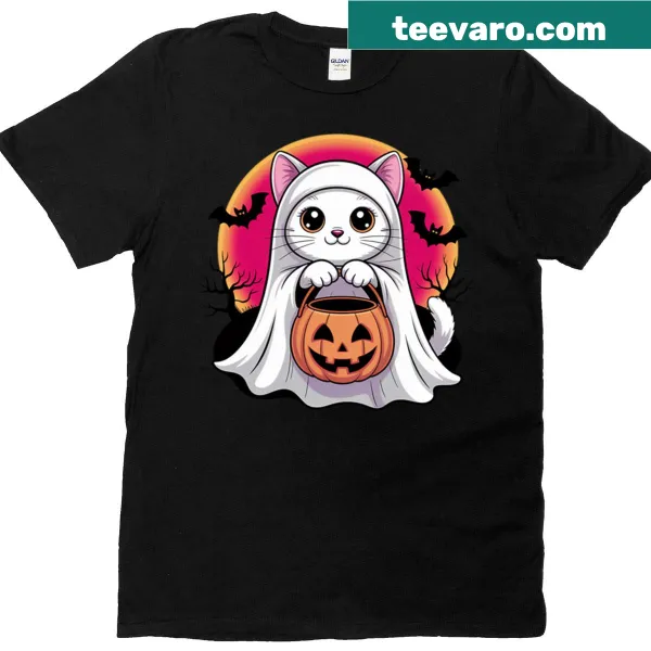 Cute cat in ghost costume with pumpkin print on T-shirt