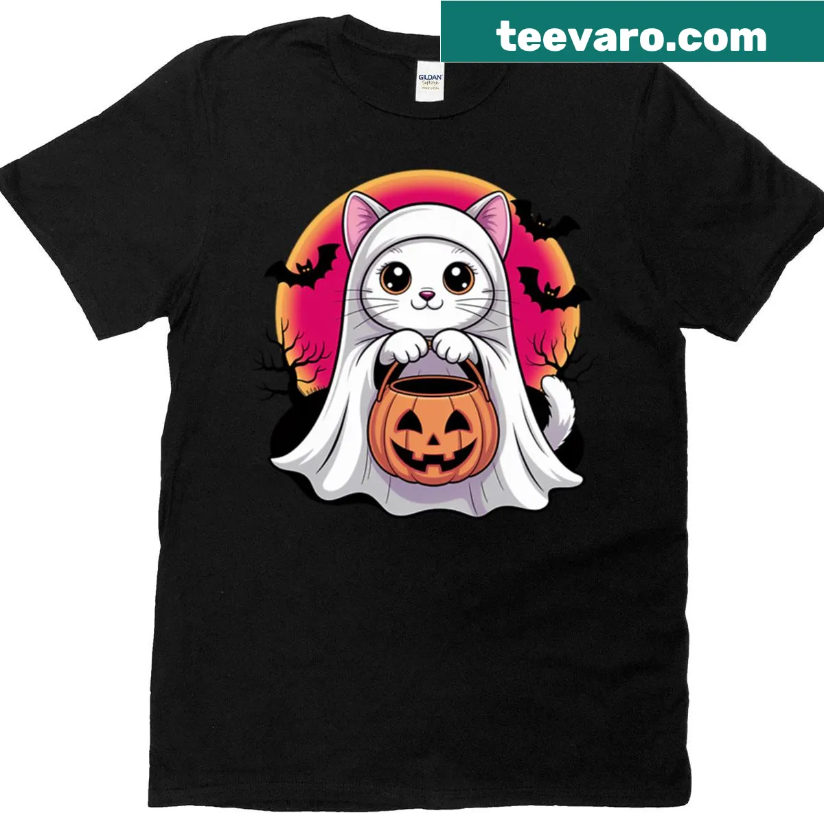Cute cat in ghost costume with pumpkin print on T-shirt — on a men's t-shirt