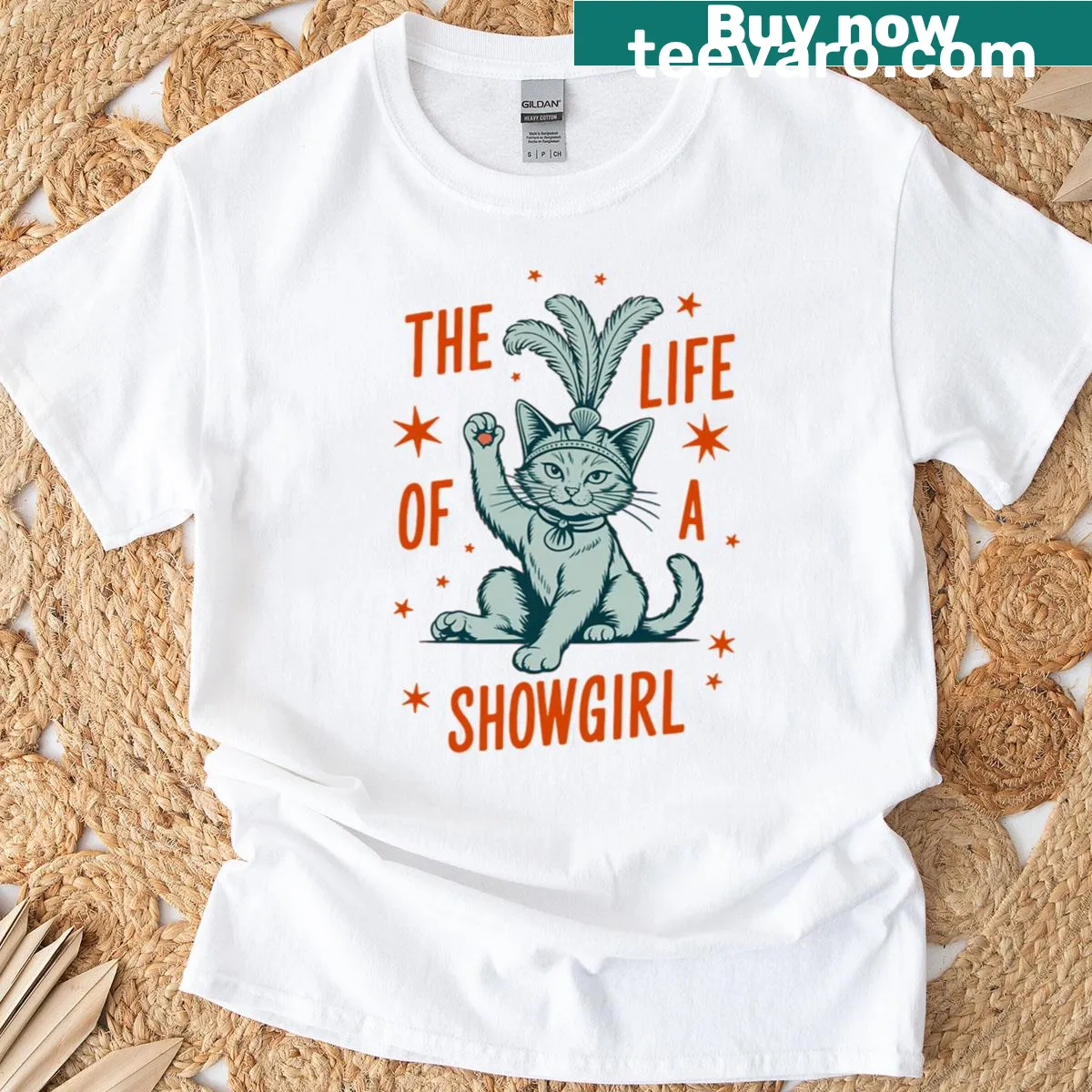 Cartoon cat dressed as a showgirl on a T-shirt — on a men's t-shirt