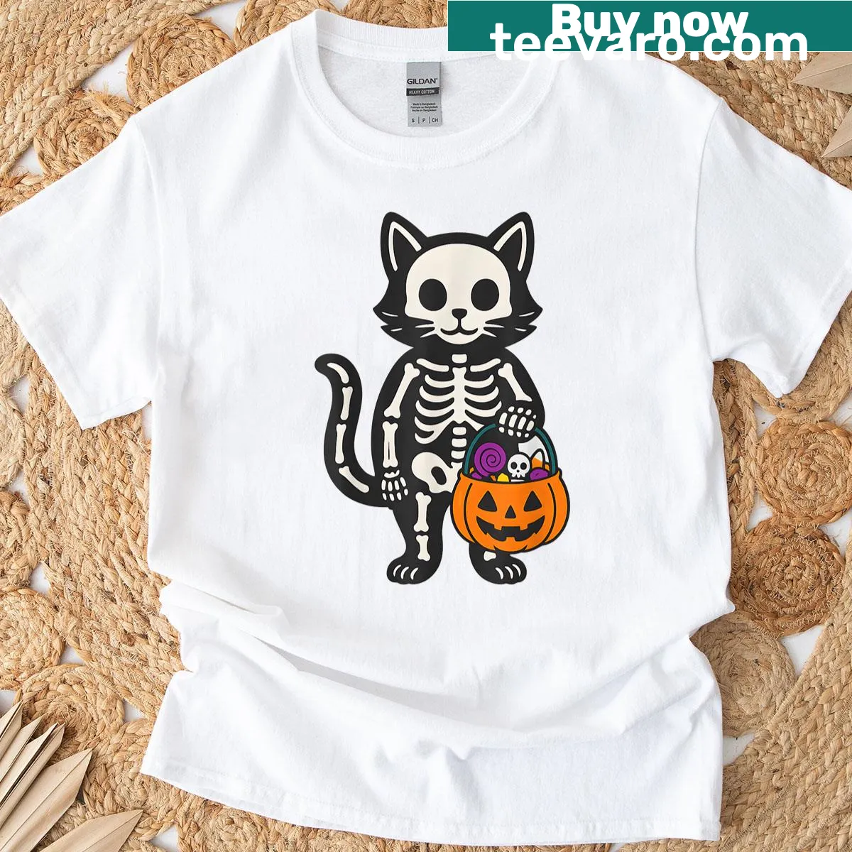 Cartoon cat skeleton trick-or-treating for Halloween t-shirt — on a men's t-shirt