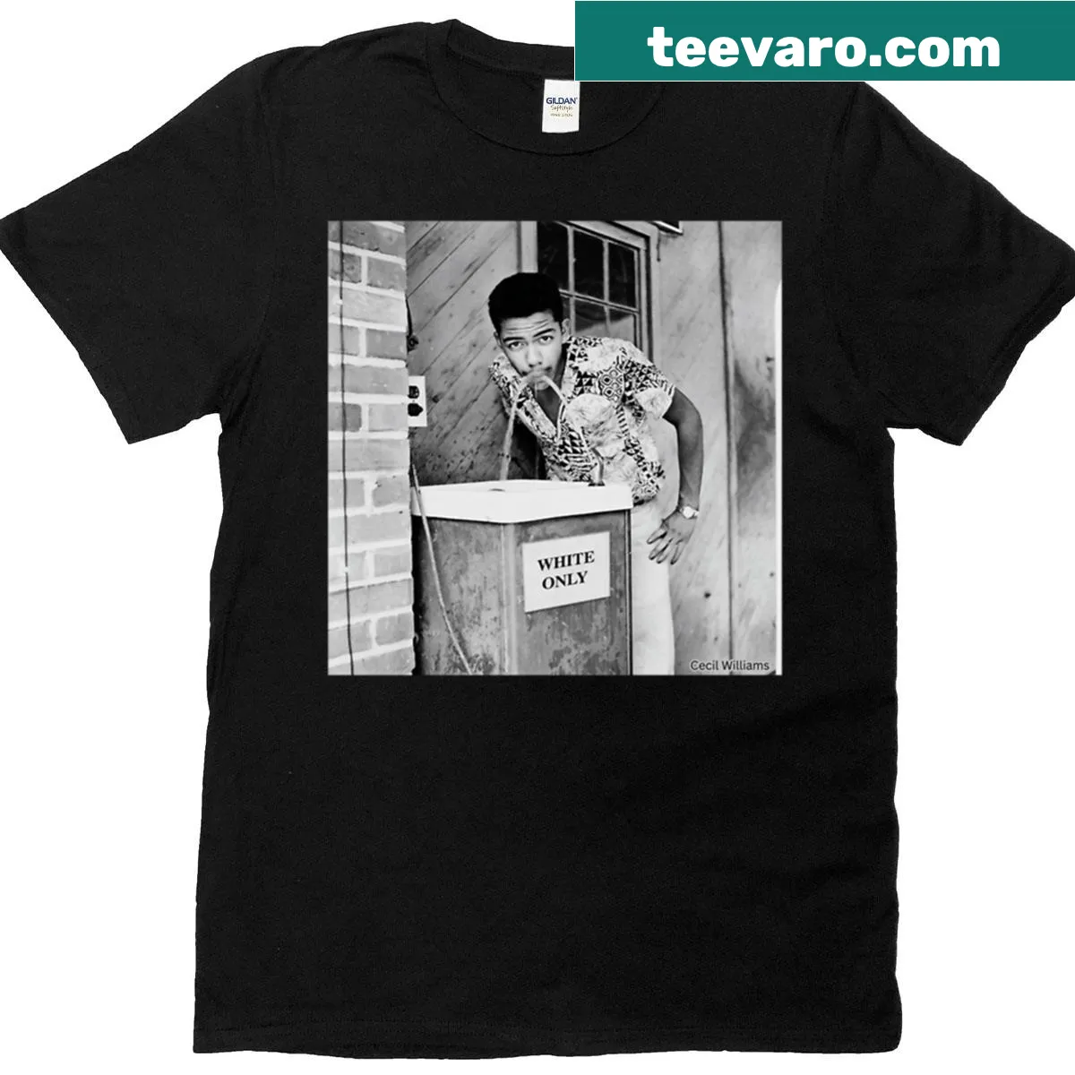 Playful typography t-shirt honoring Cecil Williams — on a men's t-shirt