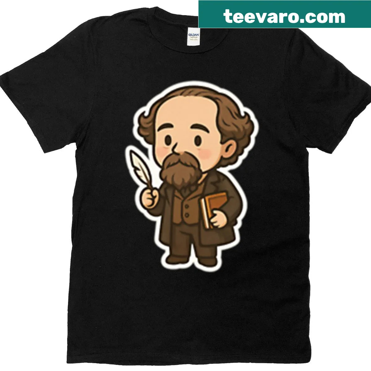Cute cartoon-style T-shirt featuring Charles Dickens as a chibi character — on a men's t-shirt