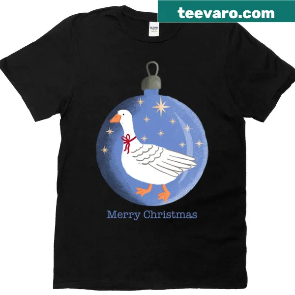 Cute Christmas goose in a blue bauble on a t-shirt