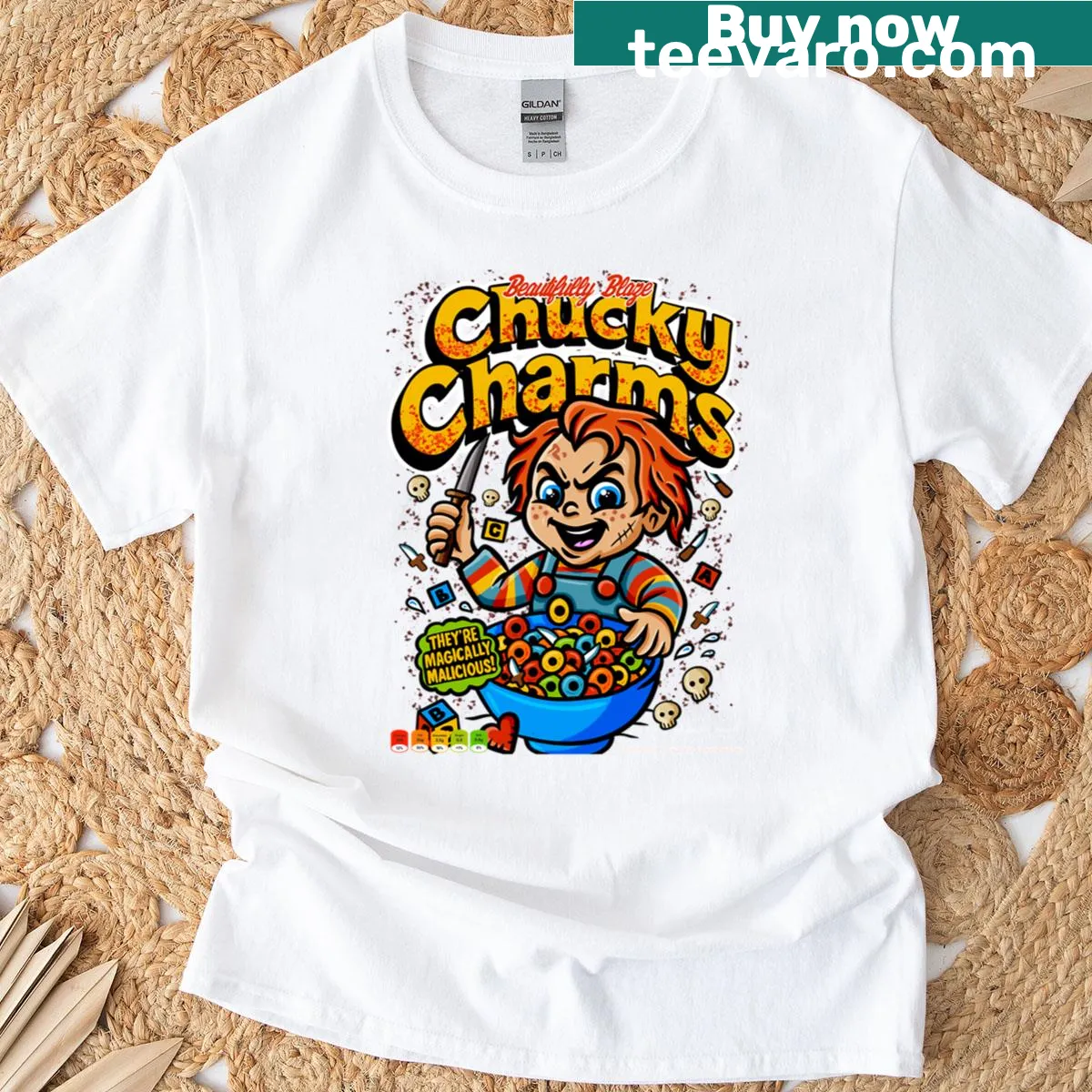 Vintage-style T-shirt featuring Chucky Charms cereal design — on a men's t-shirt