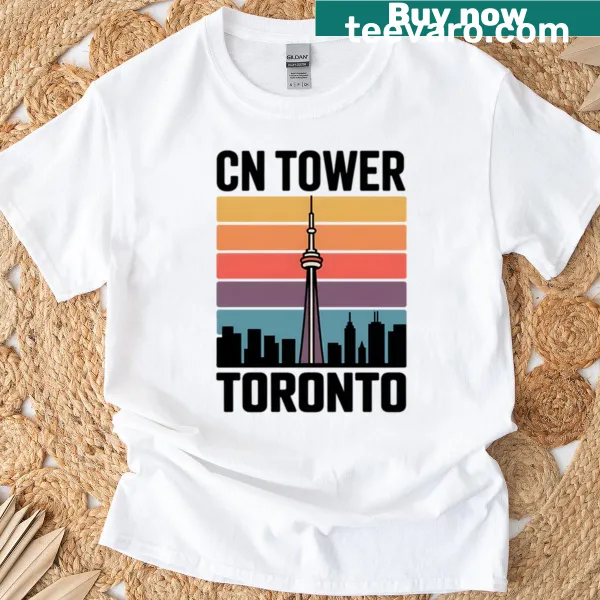 Retro graphic of CN Tower and Toronto skyline on a t-shirt