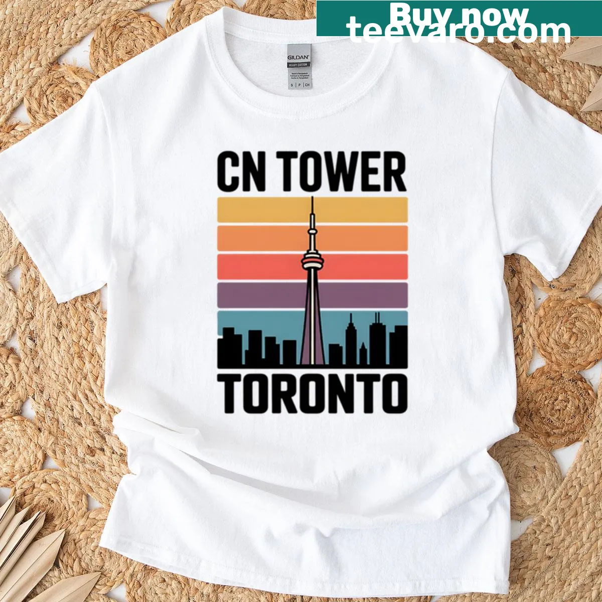 Retro graphic of CN Tower and Toronto skyline on a t-shirt — on a men's t-shirt