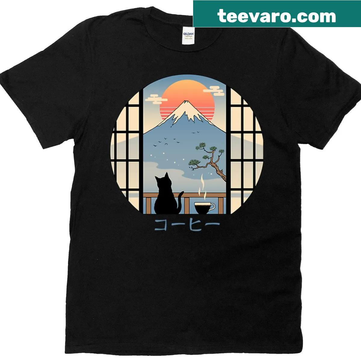 T-shirt featuring a cat drinking coffee with Mt. Fuji in the background — on a men's t-shirt