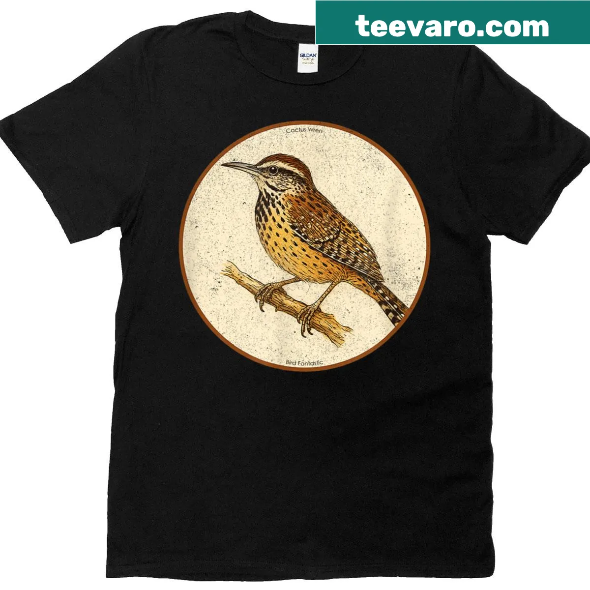 Retro cactus wren bird illustration on T-shirt — on a men's t-shirt