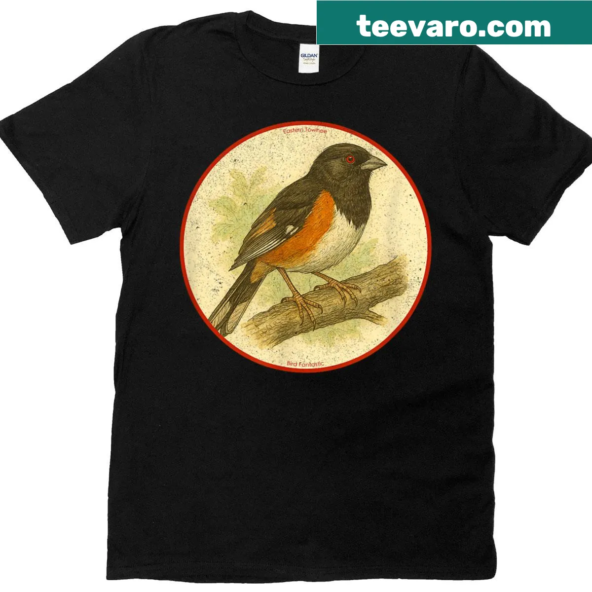 Illustrated T-shirt featuring retro Eastern Towhee bird design — on a men's t-shirt