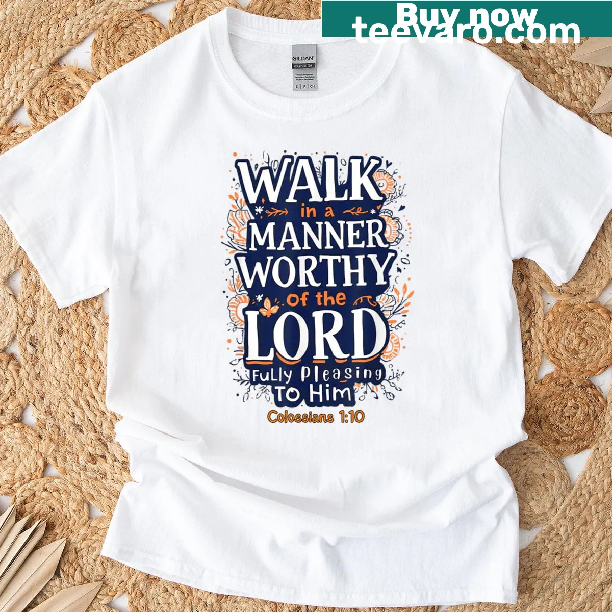 Inspirational T-shirt featuring a design based on Colossians 1:10. — on a men's t-shirt