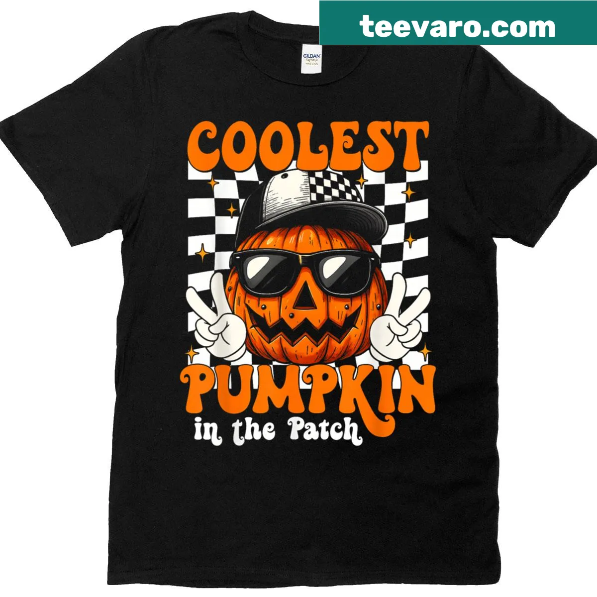 Cartoon pumpkin graphic on funny Halloween kids t-shirt — on a men's t-shirt