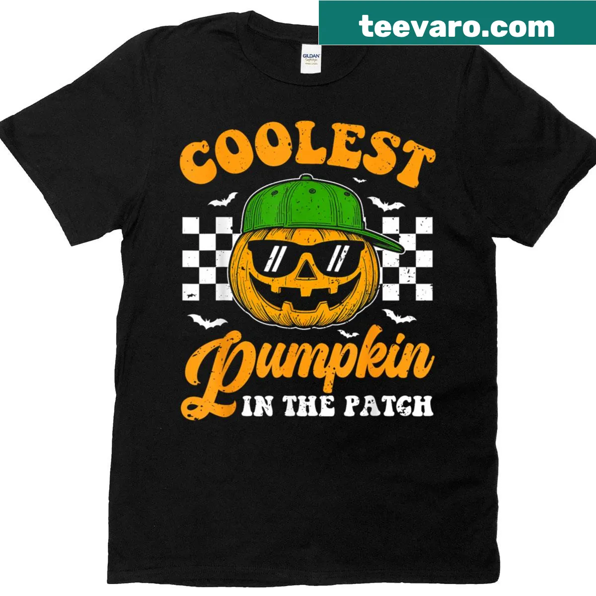 T-shirt with text Coolest Pumpkin In The Patch and pumpkin graphic — on a men's t-shirt