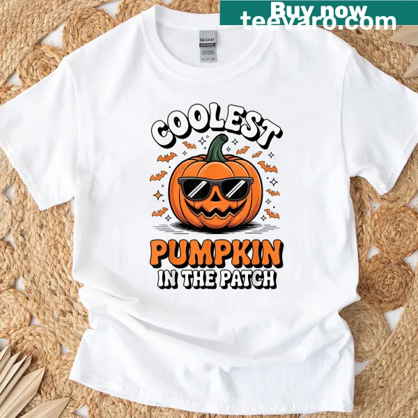 Cartoon pumpkin graphic with text 'Coolest Pumpkin In The Patch' for Halloween