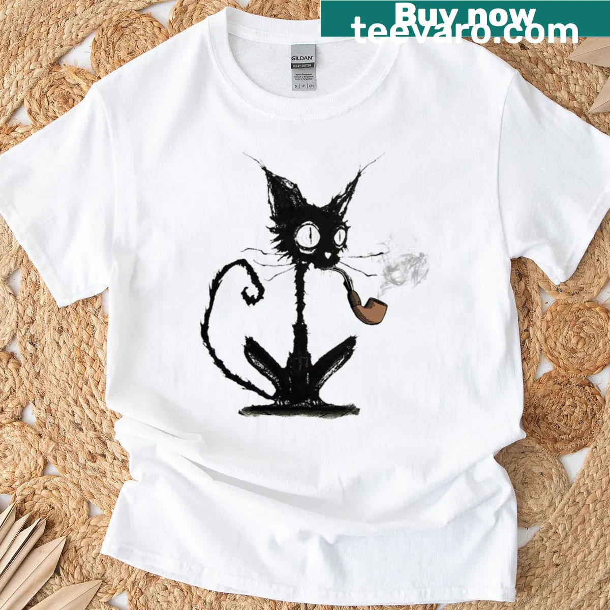 Edgy black cat illustration with a cigarette on a t-shirt — on a men's t-shirt