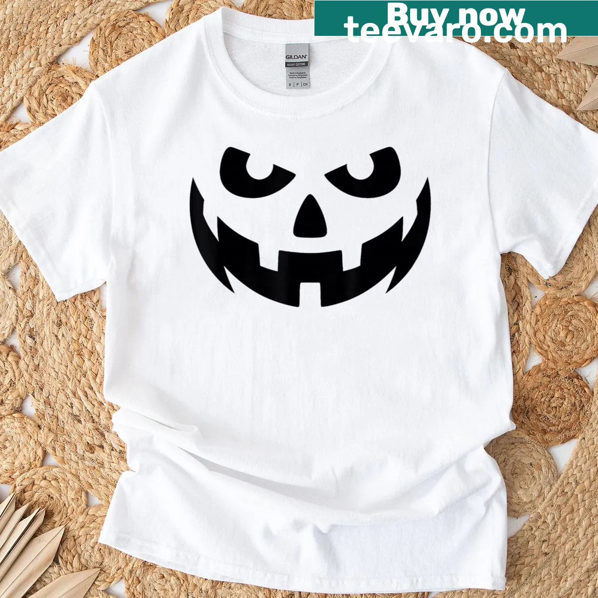Family matching t-shirt featuring a creepy Jack O Lantern face for Halloween — on a men's t-shirt