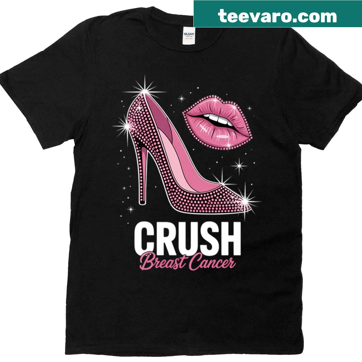 Artistic graphic of high heel and pink ribbon for breast cancer awareness. — on a men's t-shirt