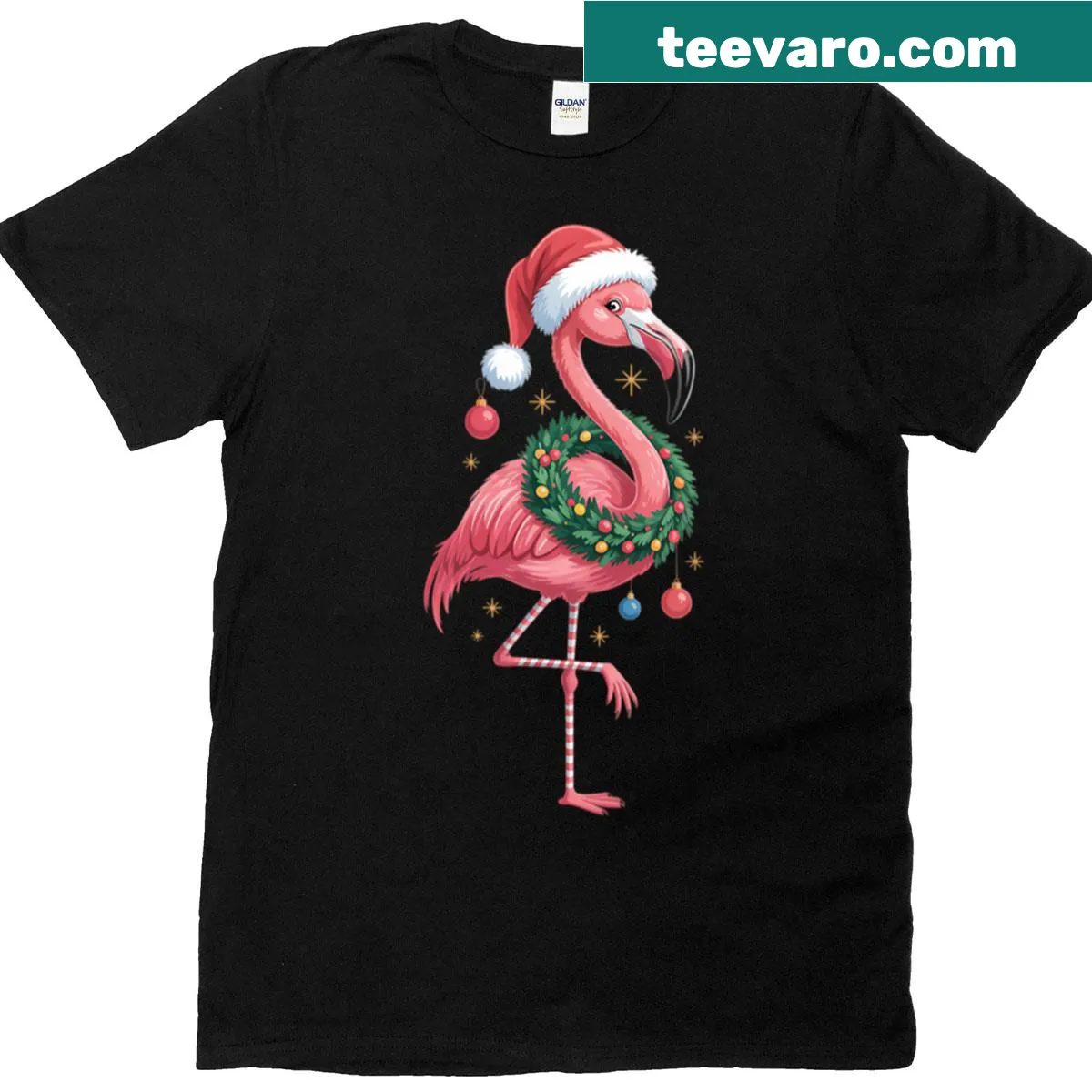 Christmas T-shirt with a cute tropical flamingo design — on a men's t-shirt