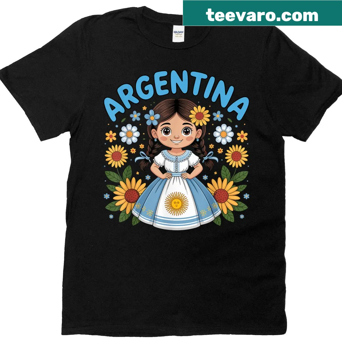Illustration of a girl in traditional dress with sunflowers — on a men's t-shirt