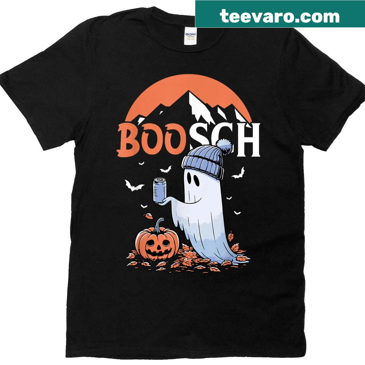 Playful ghost with pumpkin and beer on a Halloween t-shirt — on a men's t-shirt
